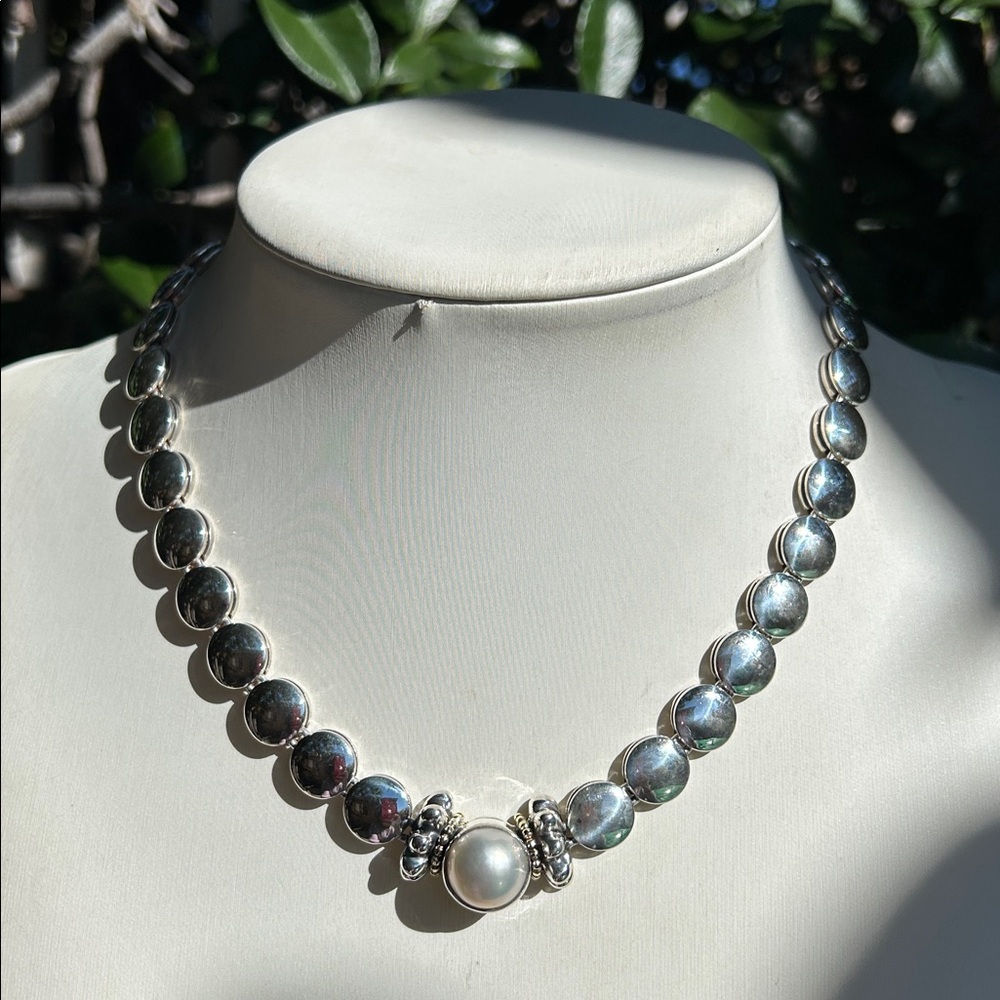Lagos Caviar Sterling Silver 18K Yellow Gold Mabe Pearl Disc Necklace